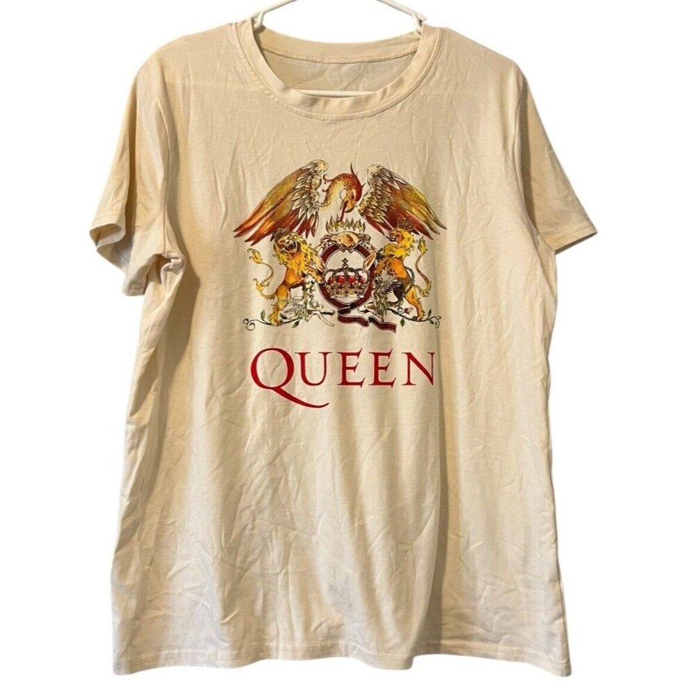 Queen Women Beige T-Shirt Graphic Logo‎ Casual Crewneck Pullover Short Sleeve XL